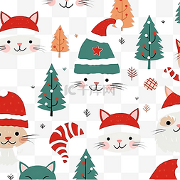 新年小帽子元素图片_圣诞无缝图案新年可爱的动物猫在