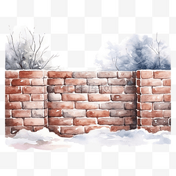水彩砖栅栏砖墙与雪