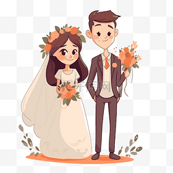 卡通髮型图片_婚姻剪贴画可爱的新婚夫妇拿着鲜
