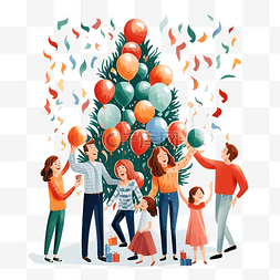 扁平男人女人图片_幸福的家庭用气球装饰圣诞树父母