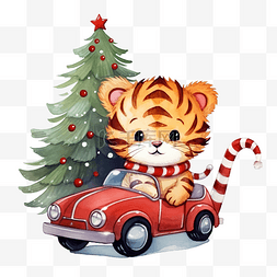 運動新年图片_一只可爱的小老虎开着一辆红色汽