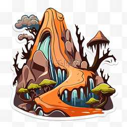 以橙色瀑布和火山剪贴画为特色的