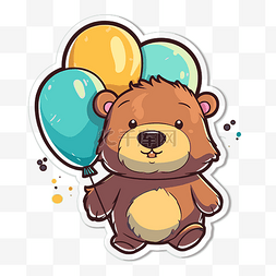 可爱的熊与气球和生日贴纸设计矢