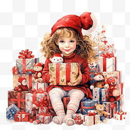平安夜餐券图片_被圣诞礼物和元素包围的小女孩