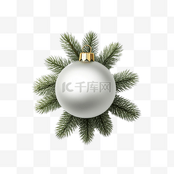 冬季圣诞球图片_白色表面有冷杉树枝的美丽圣诞球