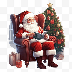 拿着电脑的男人图片_圣诞老人坐在家里圣诞树附近舒适