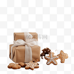 木桌上有姜饼和礼物的圣诞组合物
