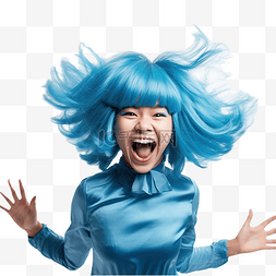 快乐跳舞的女孩图片_戴着蓝色假发跳舞的快乐亚洲女孩