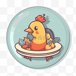 卡通水果盘子图片_徽章上有可爱的小鸡坐在盘子里，