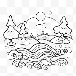 河流和树木着色页矢量插图在黑白