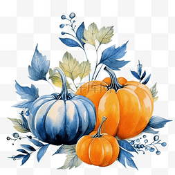 橙色和蓝色南瓜和剪影叶子的水彩