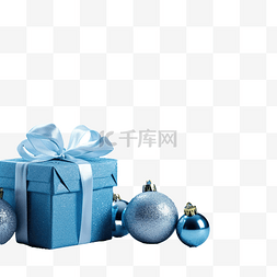 庆典桌子图片_蓝色礼盒，蓝色桌子上有圣诞球