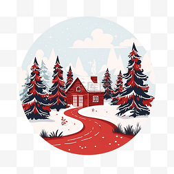 景观房图片_冬季场景，雪山上有红房子树和圣