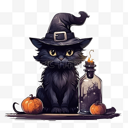 戴着巫术帽的可爱万圣节黑猫从墓