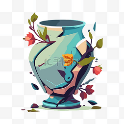 破碎的花瓶与花朵和叶子矢量图剪