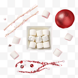 假日平躺的白色棉花糖和红色的圣