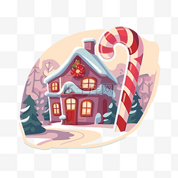 带拐杖糖的卡通房子可用于圣诞贴