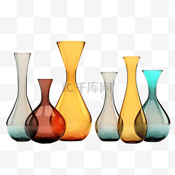 各种有色玻璃花瓶，无背景 3D 渲