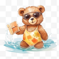 水彩可爱的熊人物与泳衣夏季人物