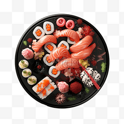 日本的文化图片_黑盘上的寿司鸟瞰生成人工智能技