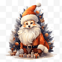 圣诞快乐圣诞老人和狐狸与装饰树
