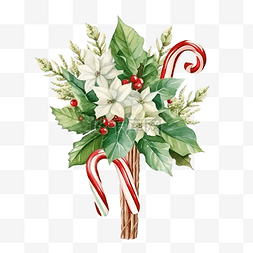 手绘圣诞小装饰品图片_圣诞冬青花束，配有精灵袜和拐杖