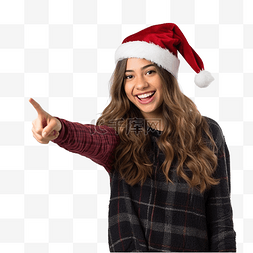 用素材图片_戴着圣诞帽的女孩用手指指着没有