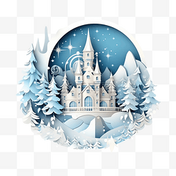 森林雪景插画图片_冬天山上美丽的城堡插画