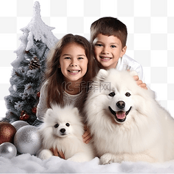 小房間图片_圣诞节场景中带着萨摩耶狗的儿童