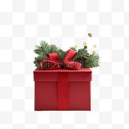 木桌上红盒子里的圣诞礼物，上面