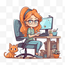 电脑猫图片_助理剪贴画卡通女孩在办公桌前与