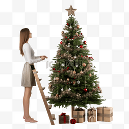圣诞树附近木梯上的女性腿和白色