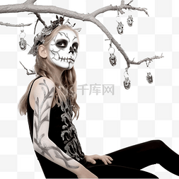 坐在树上的图片_万圣节，一个打扮成骷髅戴着莱茵