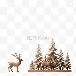 木桌上有驯鹿和圣诞树的假日概念