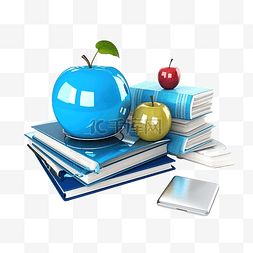 水果教育图片_带有苹果 3D 插图套件的在线教育