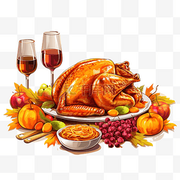 感恩节晚餐火鸡和南瓜平面图形设