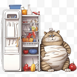 猫和冰箱图片_有趣的肥猫贪食者从家里的冰箱里