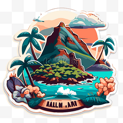卡通热带岛屿图片_夏威夷岛屿的贴纸，带有热带景观