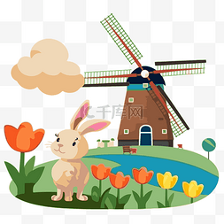 荷兰图片_荷兰剪贴画风车和郁金香与兔子到