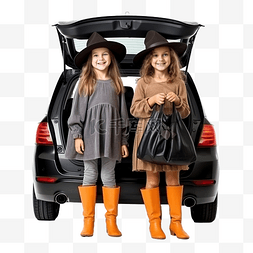 两个女孩姐妹庆祝万圣节汽车后备