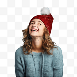 蓝色的帽子图片_戴着圣诞帽戴着孤立蓝色的女孩笑