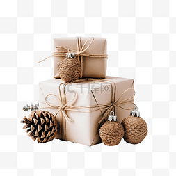 金色平面礼物图片_圣诞礼品盒工艺纸松果杜松肉桂装