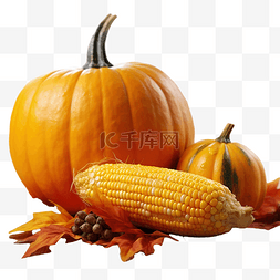 玉米叶图片_木制感恩节桌上的特写秋南瓜和玉