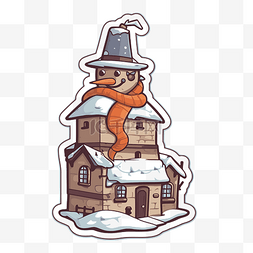上面有房子和雪人的贴纸剪贴画 