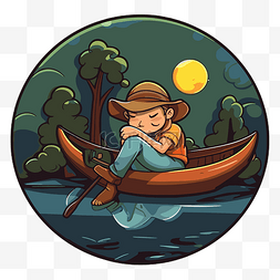 卡通男孩坐在河里的船上 向量