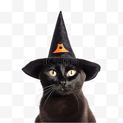日式风铃物语图片_戴着女巫帽的黑猫用嘴举起万圣节