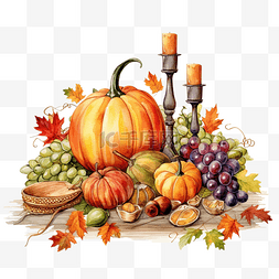 彩色花卉花环图片_彩色素描手绘秋季感恩节小插图用