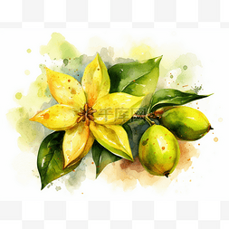 水彩手绘柠檬花和黄色水果