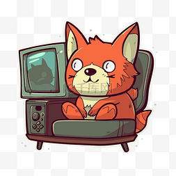 卡通看电视图片_一只橙色毛茸茸的卡通狐狸坐在电