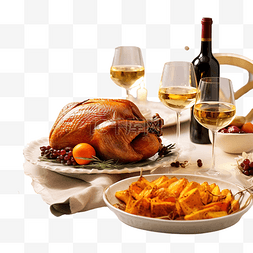 酥不腻烤鸭图片_感恩节节日装饰的餐桌，配有烤鸭